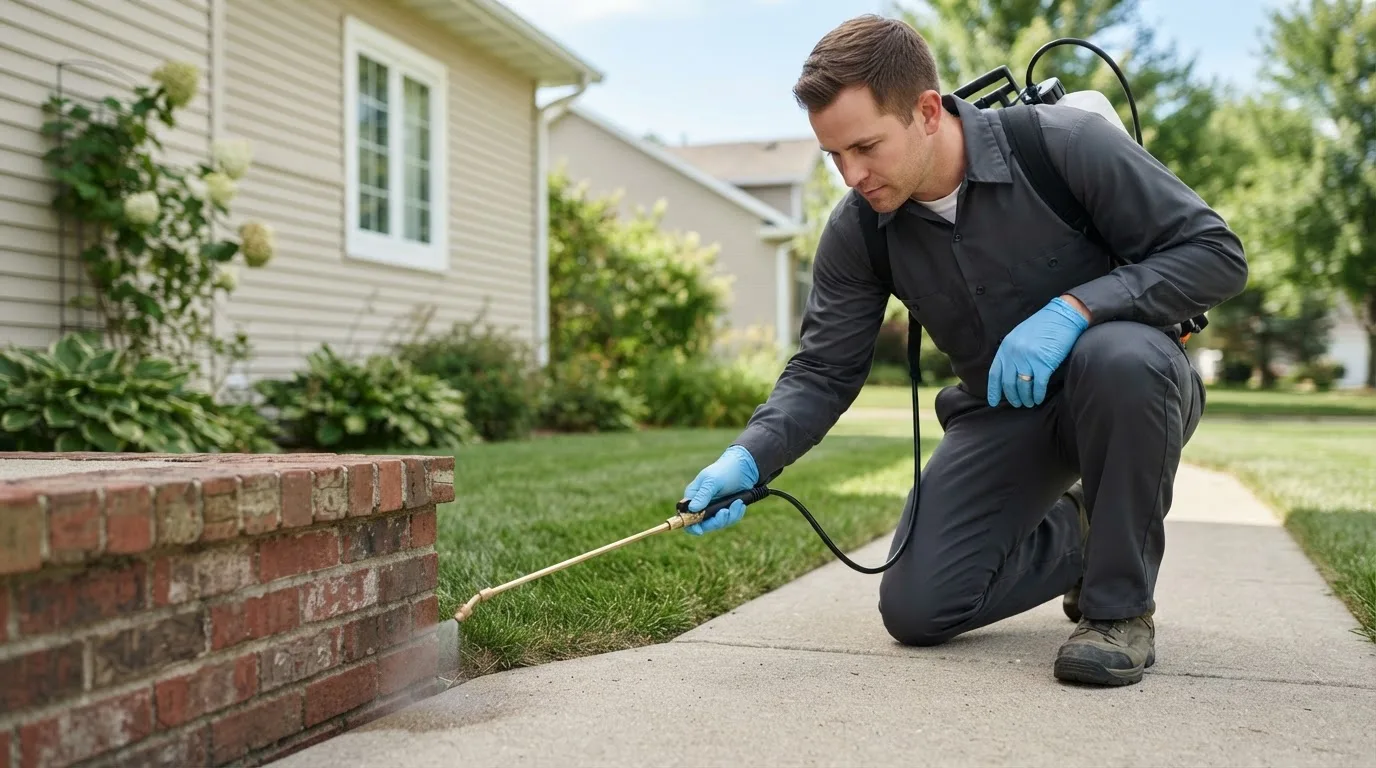 Pest control technician treating a home near Leroy, MI