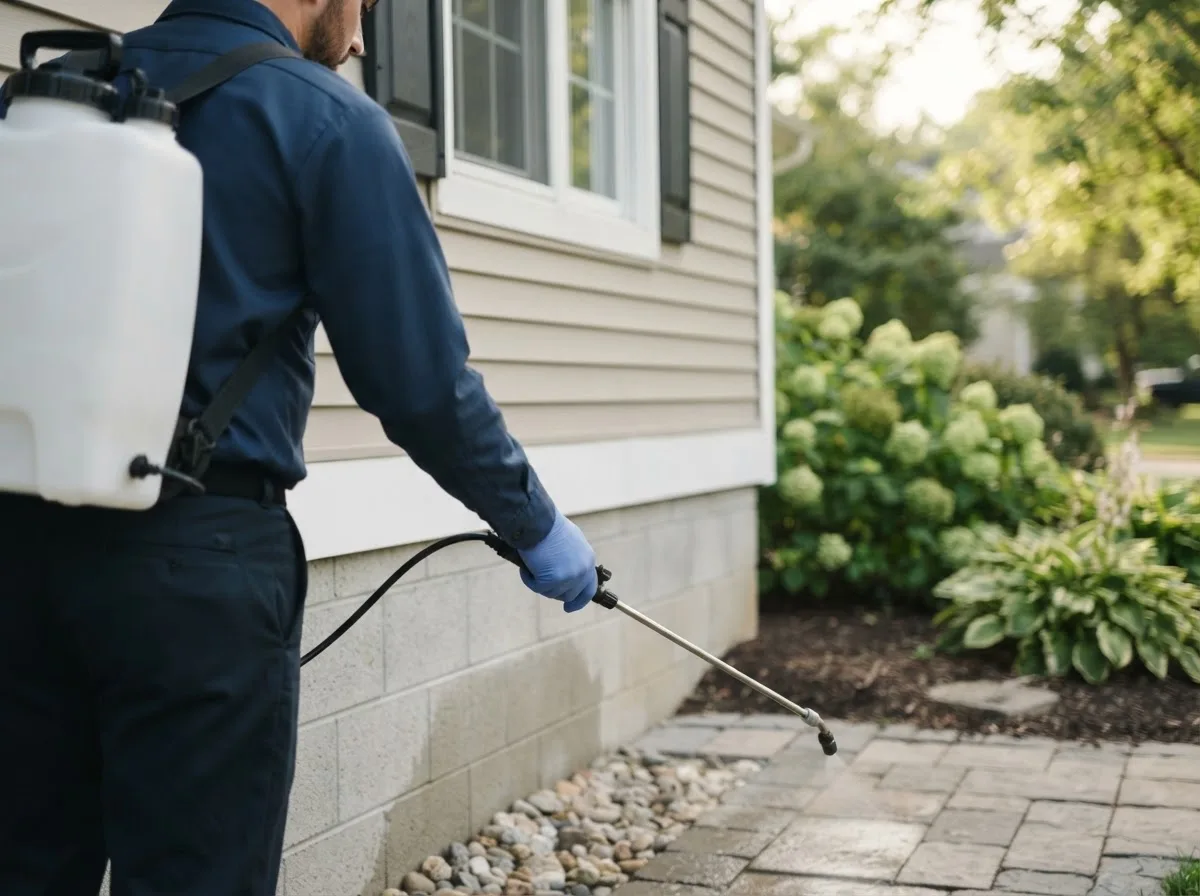 Pest control technician inspecting a home in Leroy, MI